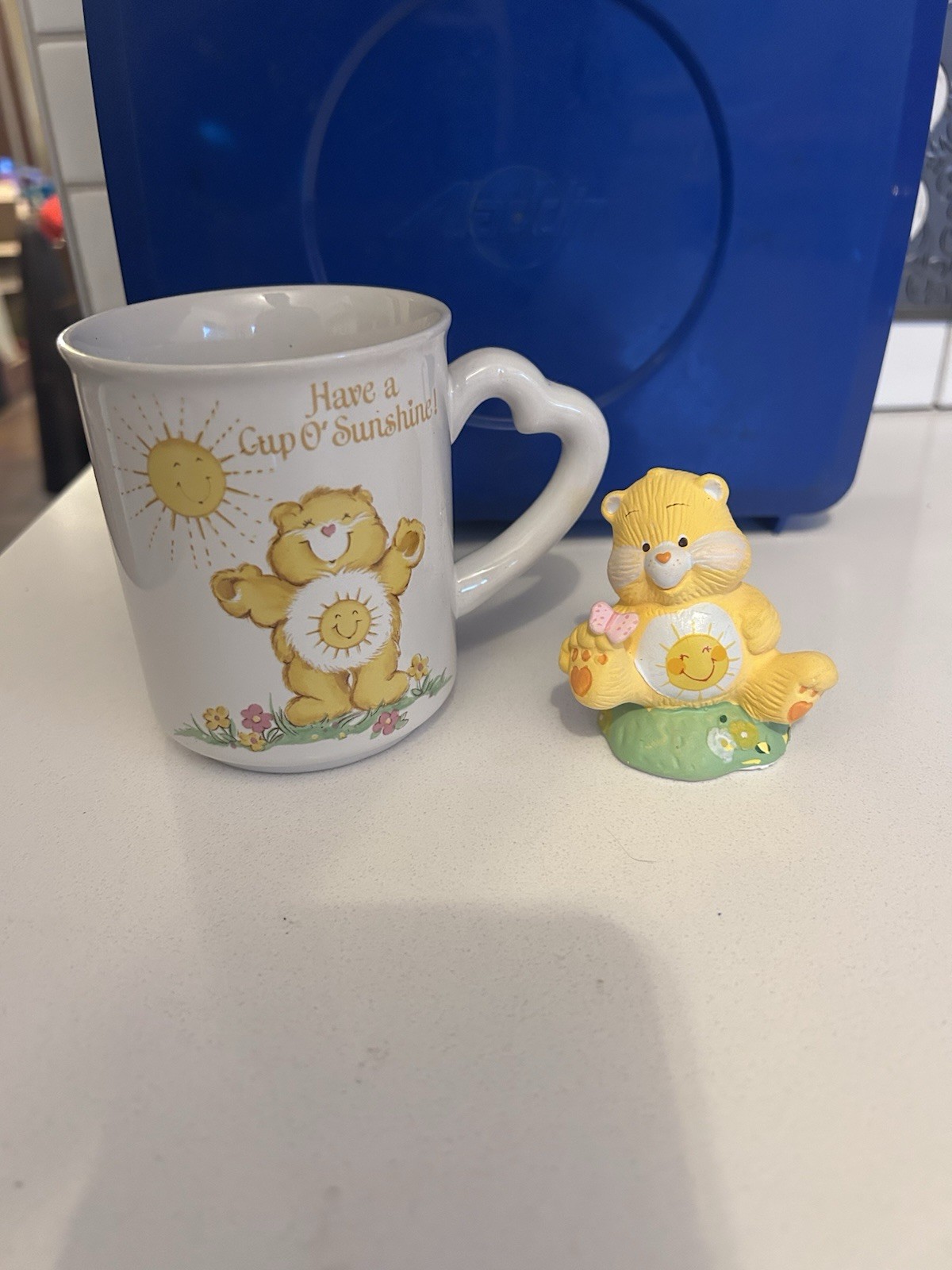 Vintage Care Bears Funshine Bear Coffee Mug & Funshine Bear Ceramic Figure