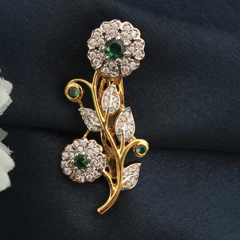 Antique Emerald & Diamond 10K Yellow Gold Over Fleur De Lis Style Brooch Pin 1PC