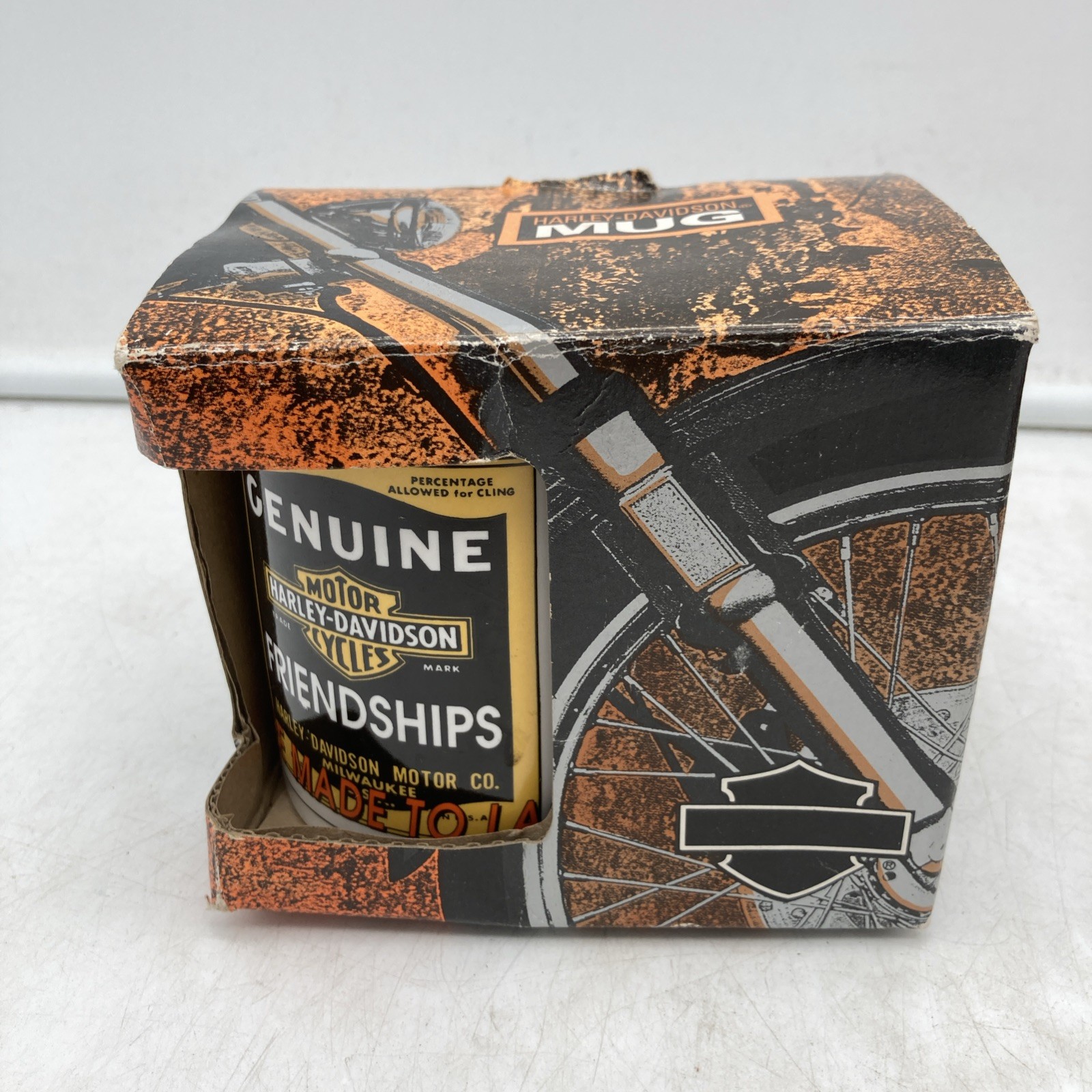 Vtg 1991 NEW in Box Harley-Davidson Genuine Oil Can Label Design Coffee Mug