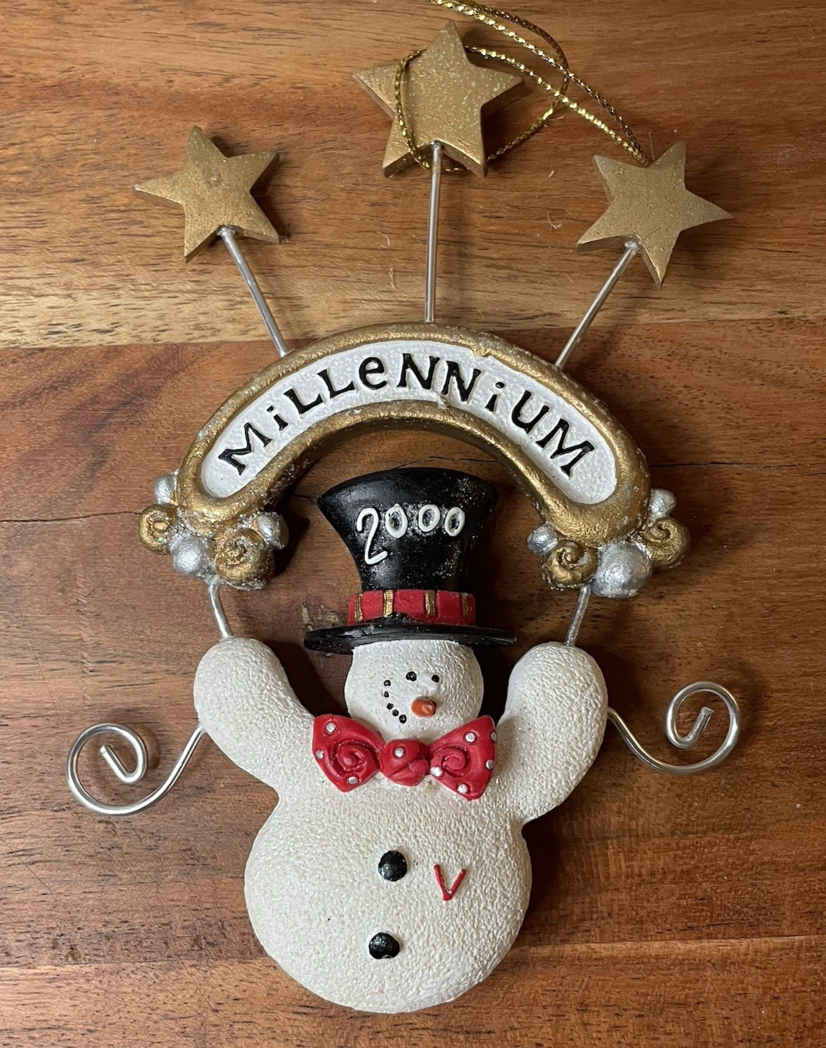 Millennium 2000 Snowman Ornament Vintage Holiday Decor Gold Stars Nostalgic EUC