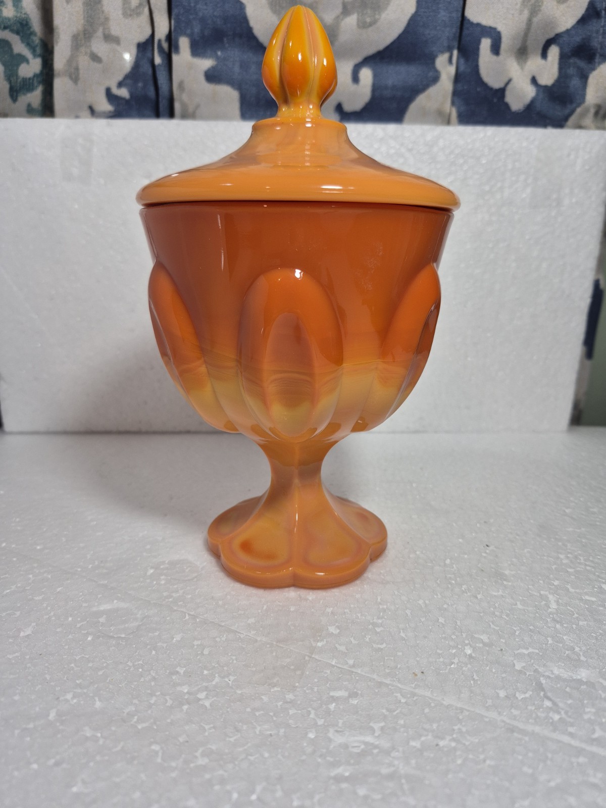 Mid 20th Century L E Smith Bittersweet Glass Lidded Jar Orange Swirl Slag