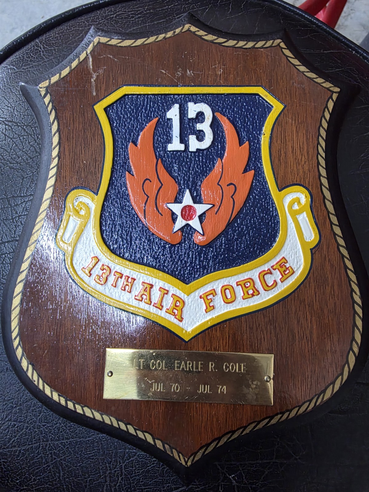 Vintage 13th USAF Wooden Plaque - Lt. Col. Earle R. Cole (1970) 10x7.5