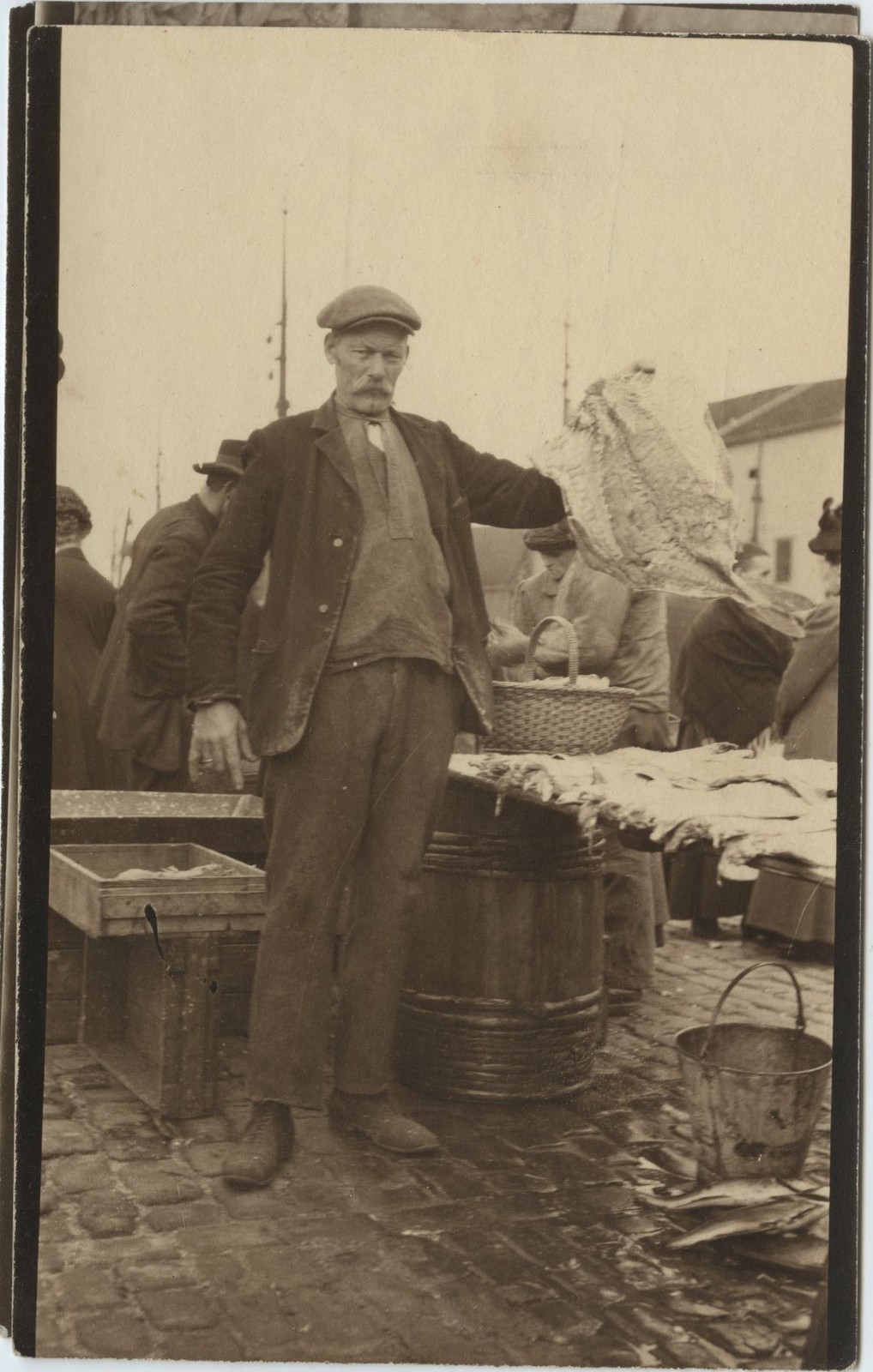 Fishmonger Large Fish Market Quayside Fisherman Working Class Man 1900s Photo