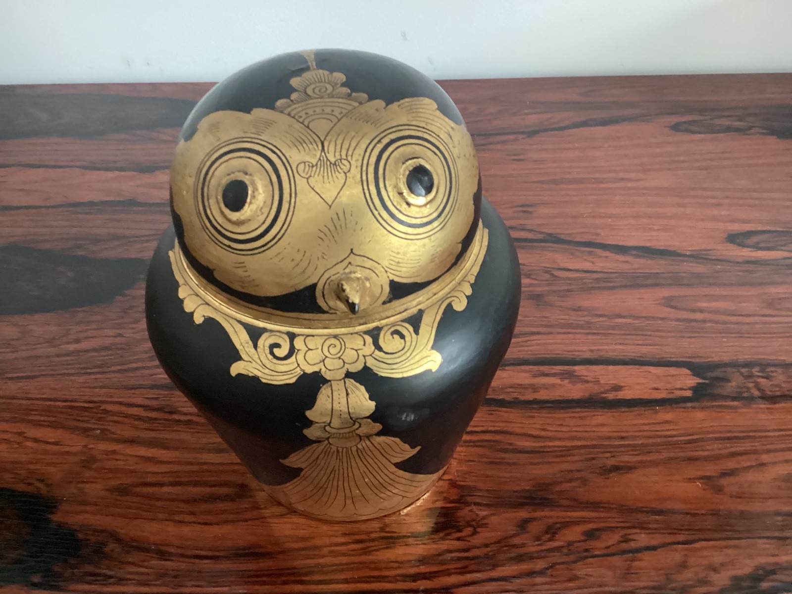Antique Burmese Lacquer Wood Owl with Gilt