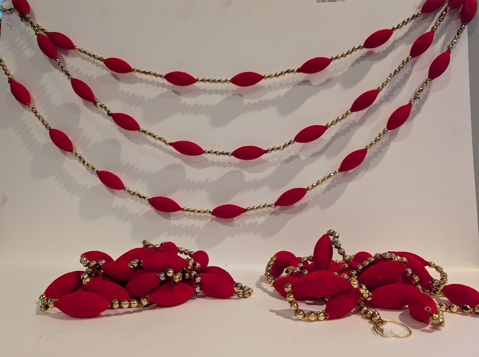 Vintage Mercury Glass Beads + Oblong Flocked Red Ornament Garlands