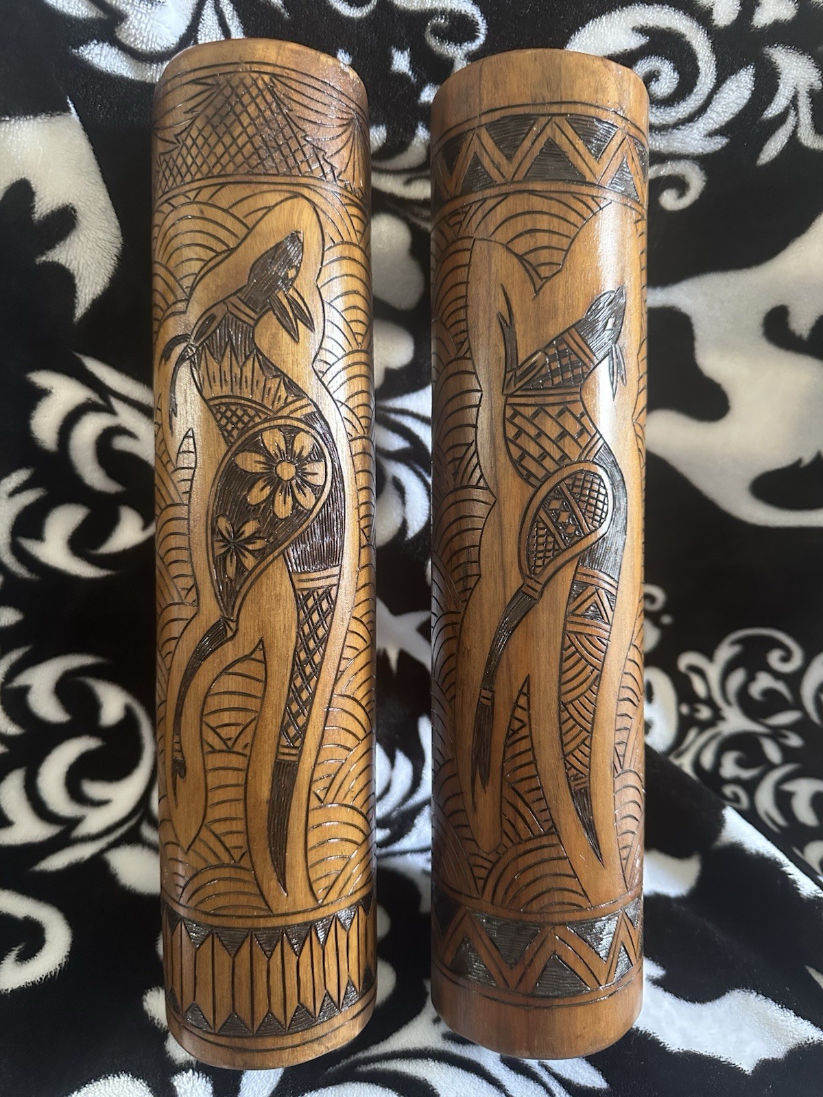 2 VINTAGE JAPANESE BAMBOO KANGAROO HAND CARVED PIECES 12”
