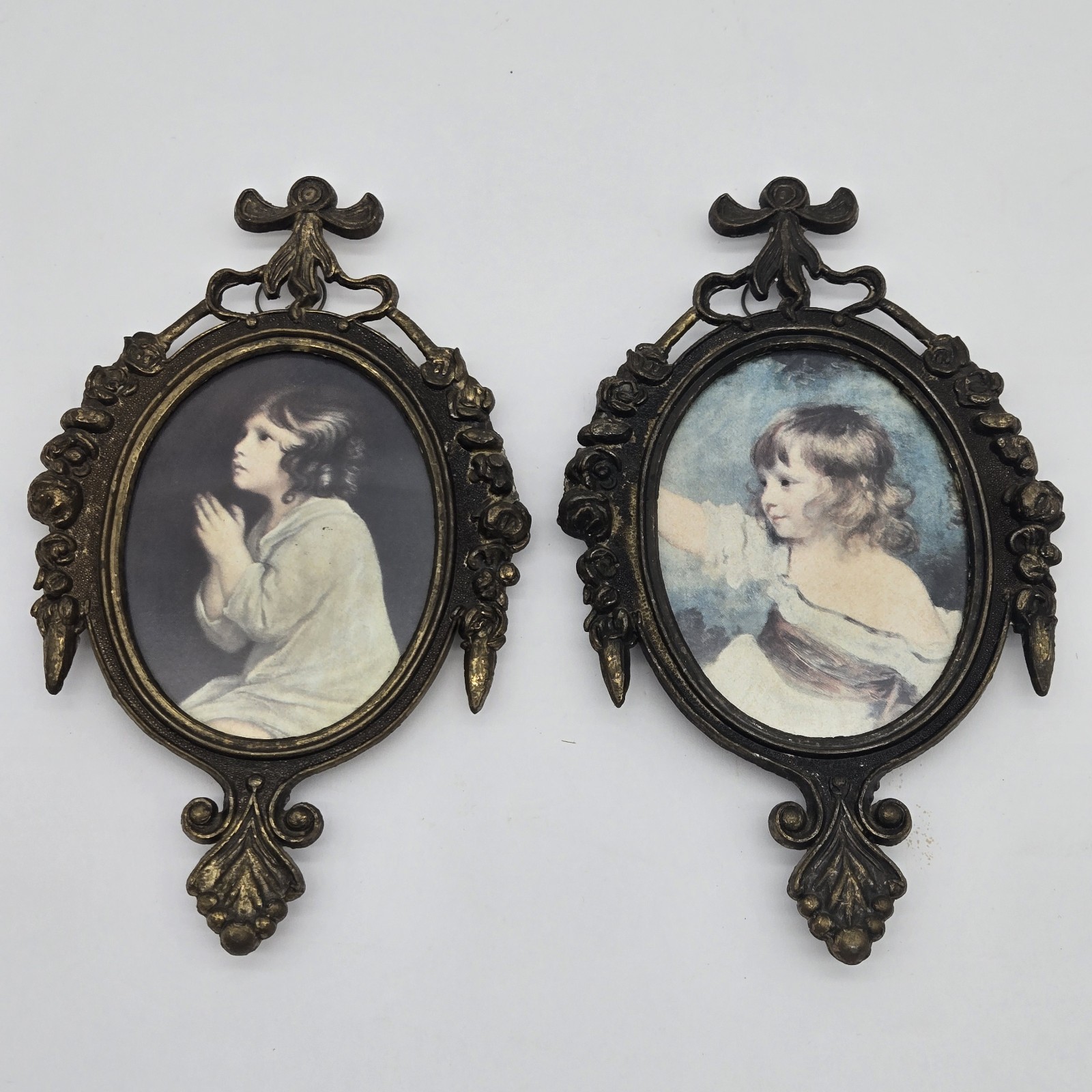 2 Vtg Italy Ornate Framed Brass Gallery Wall Art Child Girl Pair