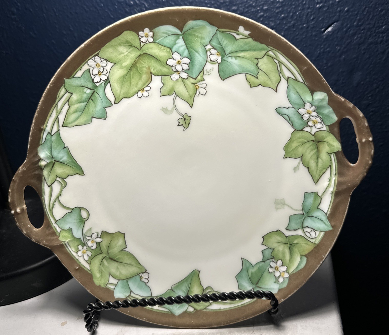 Antique PT Bavaria Hand Painted Ivy Cabinet Plate Gold Rim Handles Signed Luce