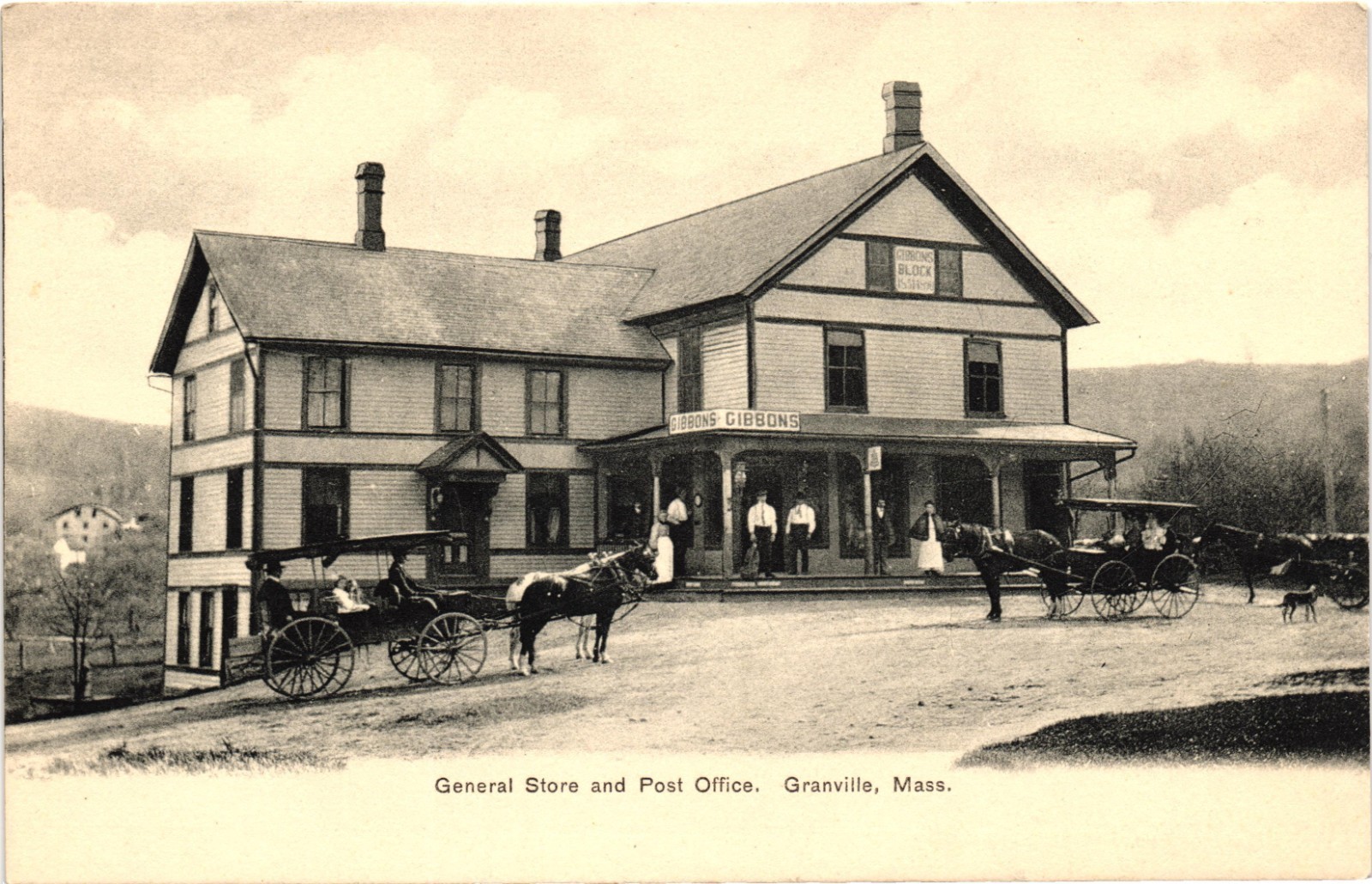 Granville MA Postcard General Store Post Office Gibbons Block Antique Mass