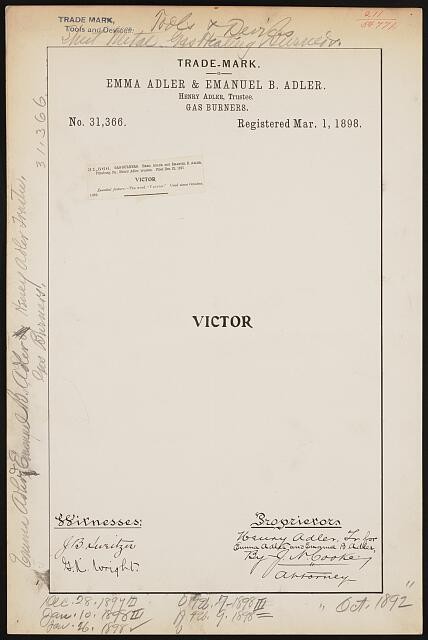 Emma Adler Emanuel B Adler 1890s Victor Gas Burners Trademark Trade Mark