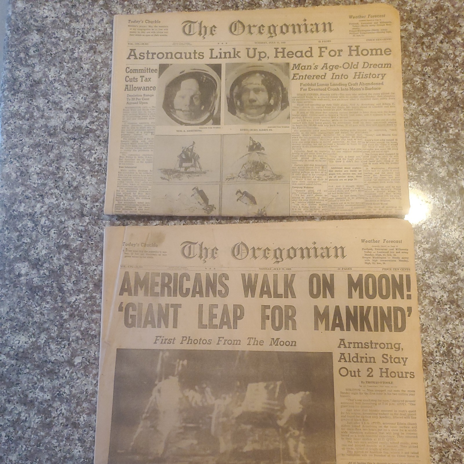 2 Vintage 1969 Newspapers: Mans First Walk on the Moon & Astronauts Link Up