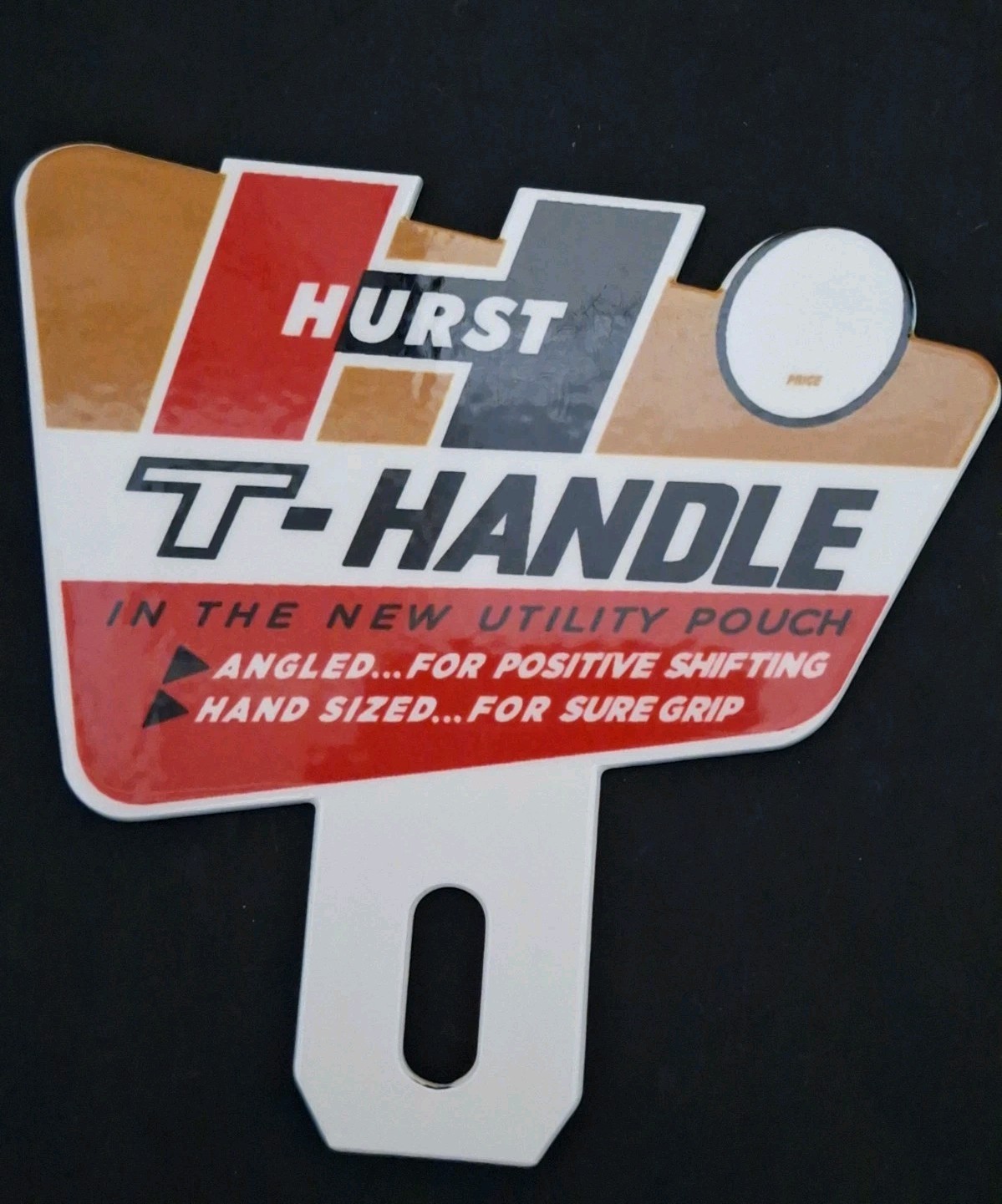 Hurst T-HANDLE Shifter Advertising Porcelain Enamel & Steel License Plate Topper