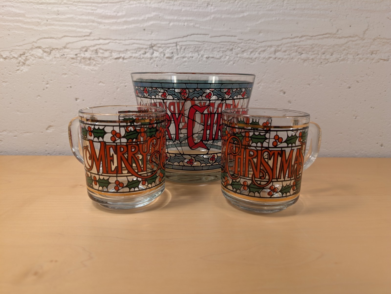 Vtg 1970s Houze Stained Glass Merry Christmas Ice Bucket Bowl & 2 Glasses Set