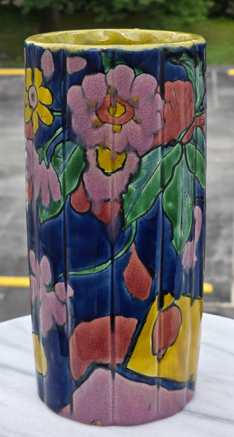 AWAJI STUDIO POTTERY ANTIQUE JAPAN ART DECO BRUSH POT CYLINDER VASE RARE