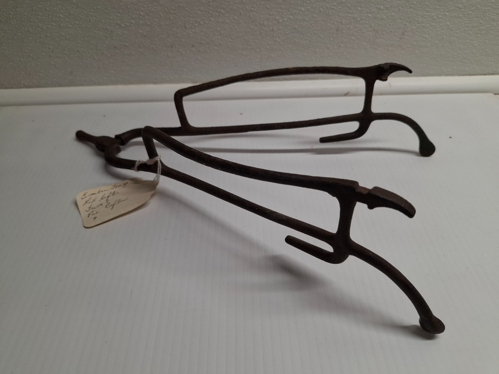 Antique 19th Century Shaker Wrought Iron Pie Warming Trivet Ember Tongs Lid lift