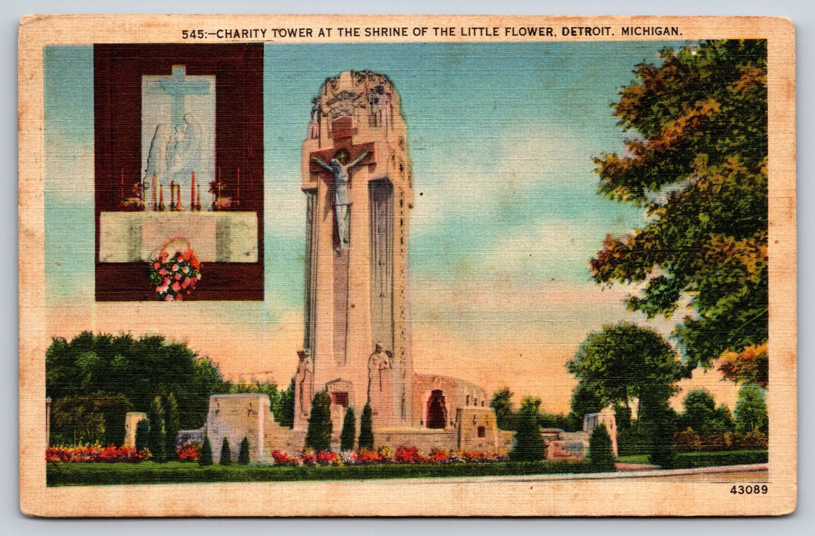 Charity Tower The Shrine of the Little Flower Detroit Michigan Vintage Postcard