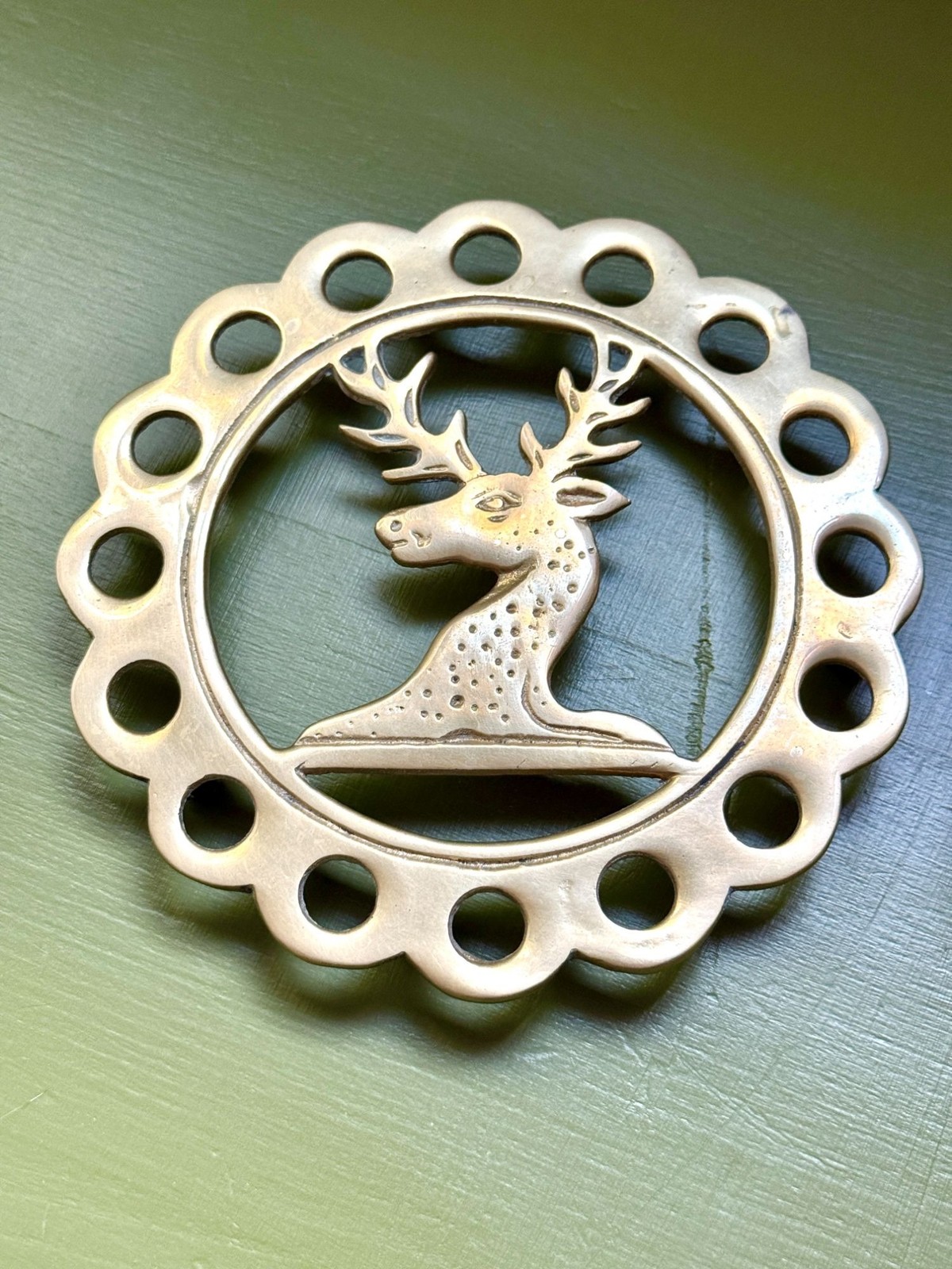 Vintage 1970s Gold Brass Trivet In Stag Deer Motif 
