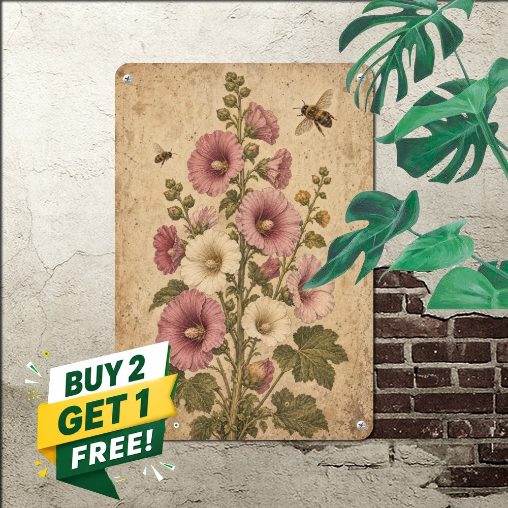 vintage botanical flowers bees vertical hollyhock style flower