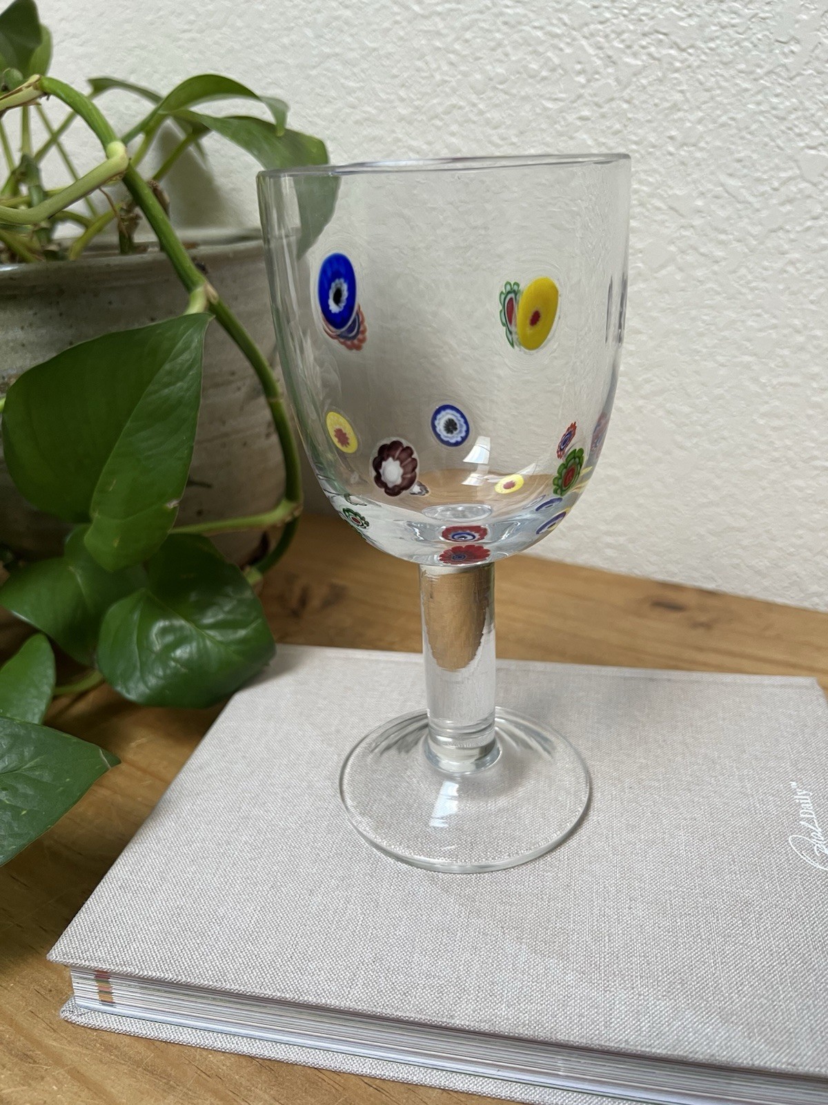 Handblown Murano Colorful Millefiori Wine Glass Water Goblet 14 oz