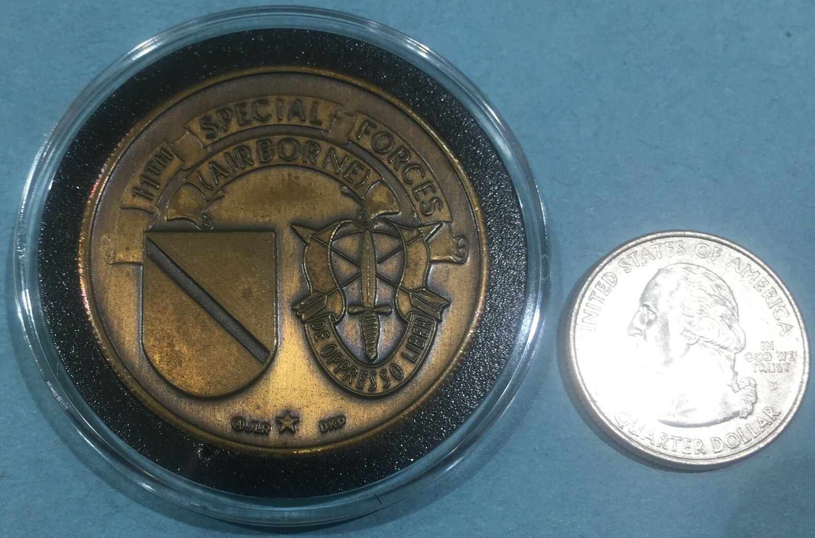 11TH SPECIAL FORCES AIRBORNE CHALLENGE COIN VINTAGE DKP/JLR NAMED/PERSONALIZED