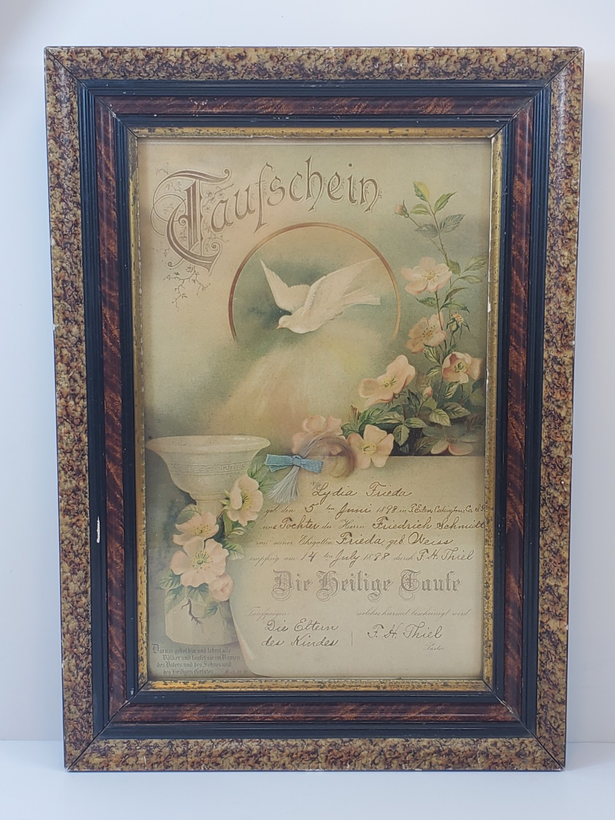 Antique German Baptismal Certificate 1898 Framed 12.5\