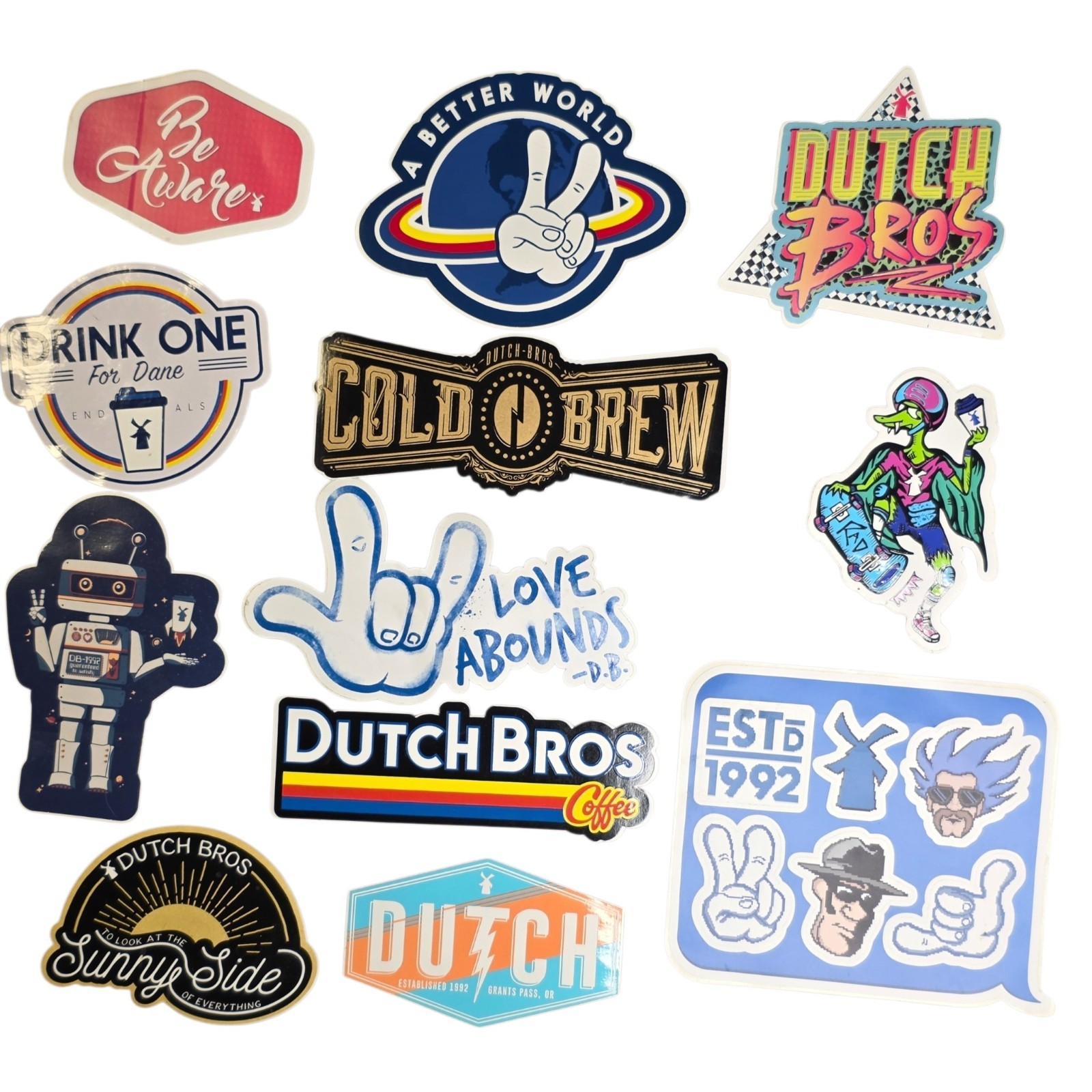Dutch Bros Coffee Sticker Lot 12 Different Collectible Rare Retired Designs