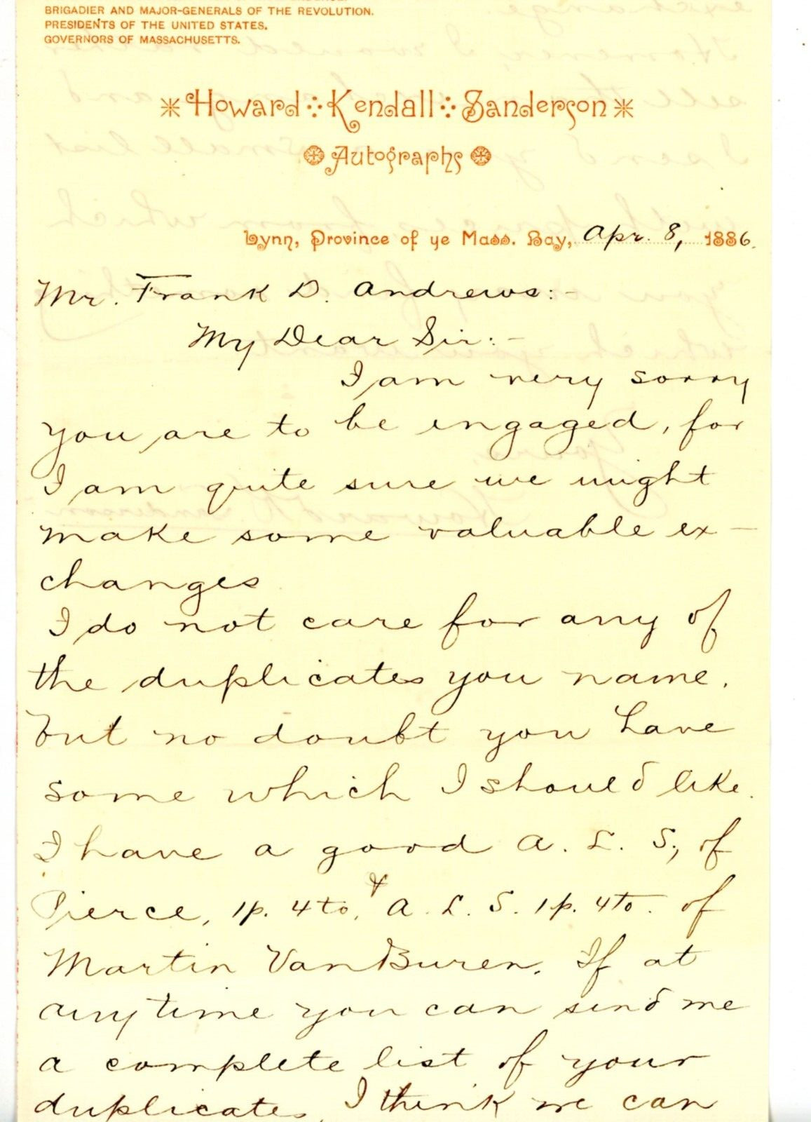 1886 Handwritten Letterhead signed Howard K Sanderson Autographs Lynn Mass Bay