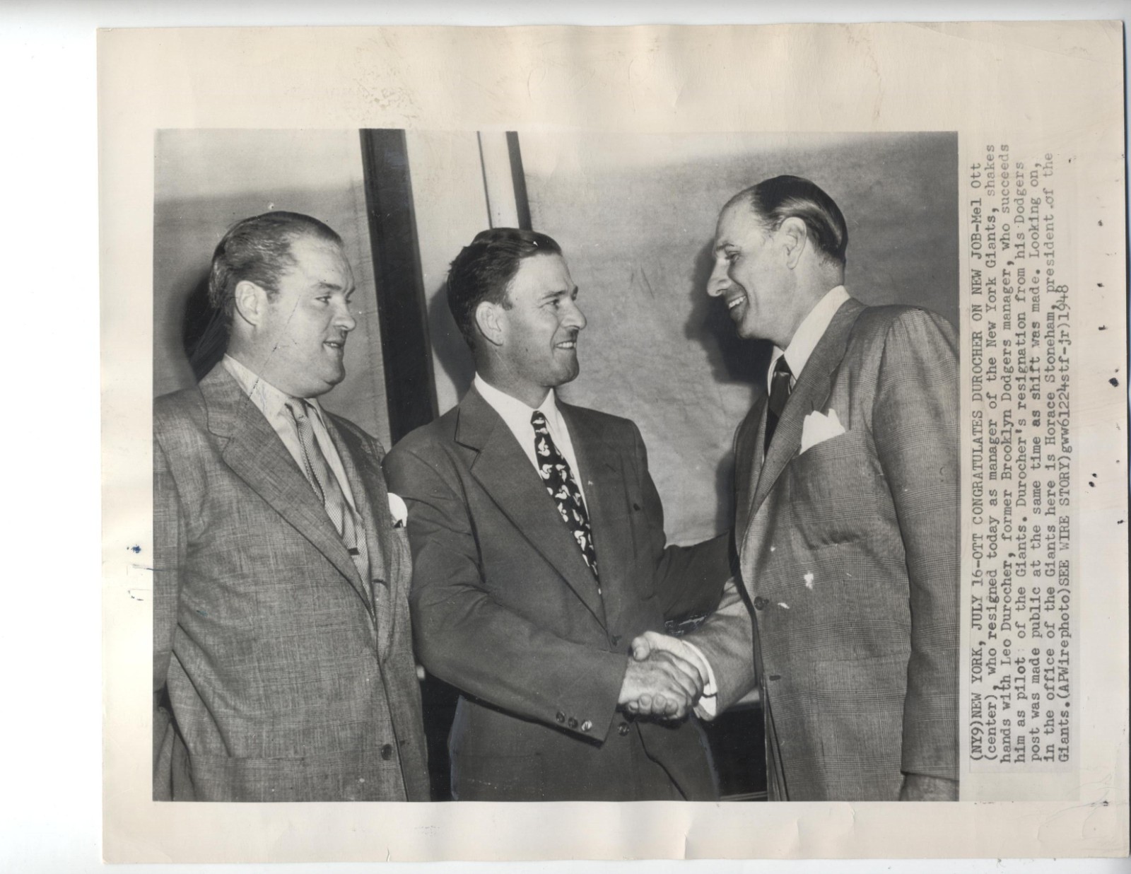 1948 Mel Ott Leo Durocher NY Giants Dodgers Handshake AP Photo Press Clippings