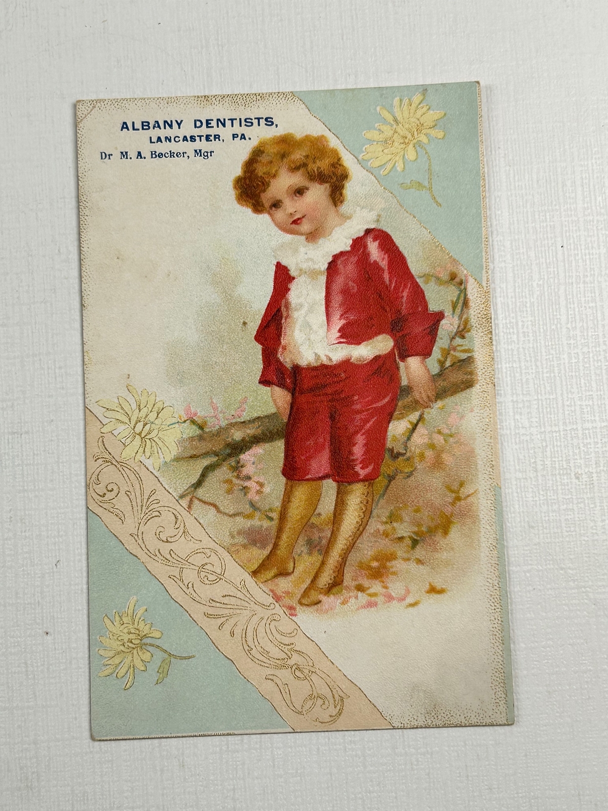 Victorian Trade Card Albany Dentists Lancaster PA Little Boy Red Suit 