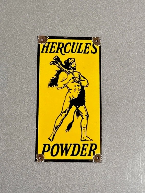 VINTAGE 12” HERCULES POWDER PAINTPORCELAIN SIGN CAR OIL GAS MOTORCYCLE TRUCK
