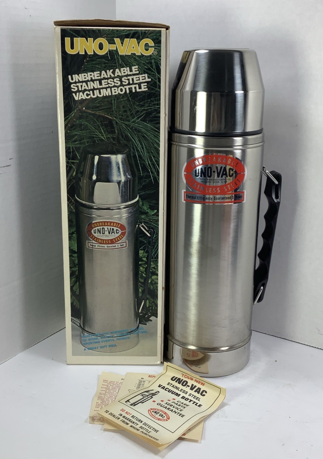 Uno-Vac Unbreakable Stainless Steel Vacuum Bottle Thermos 1970's New In Box