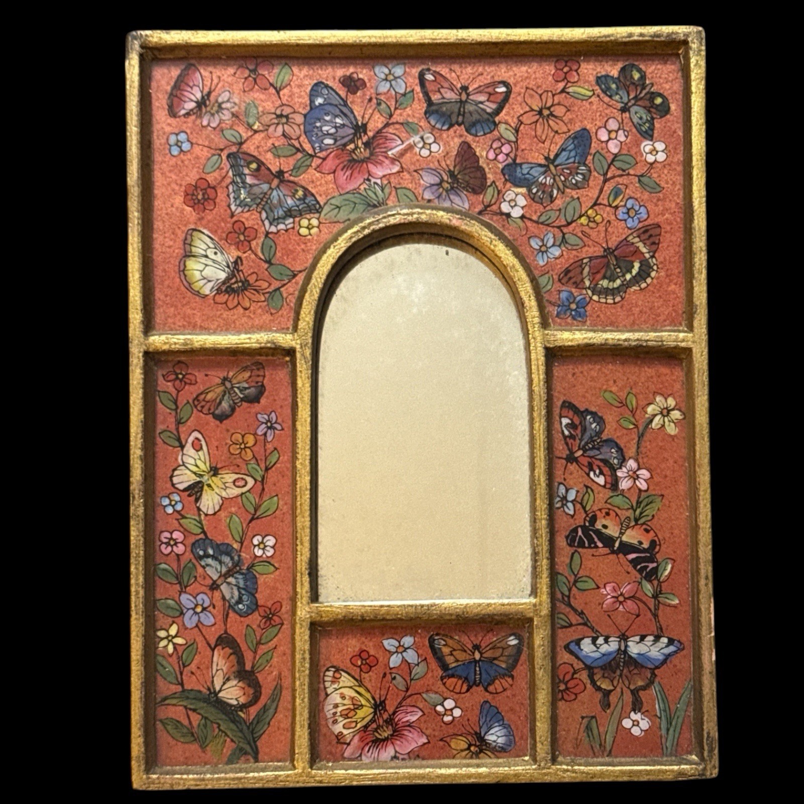 Vintage Peruvian Reverse Painted Glass Mirror Butterfly Folk Art Minka 8.25x6.25