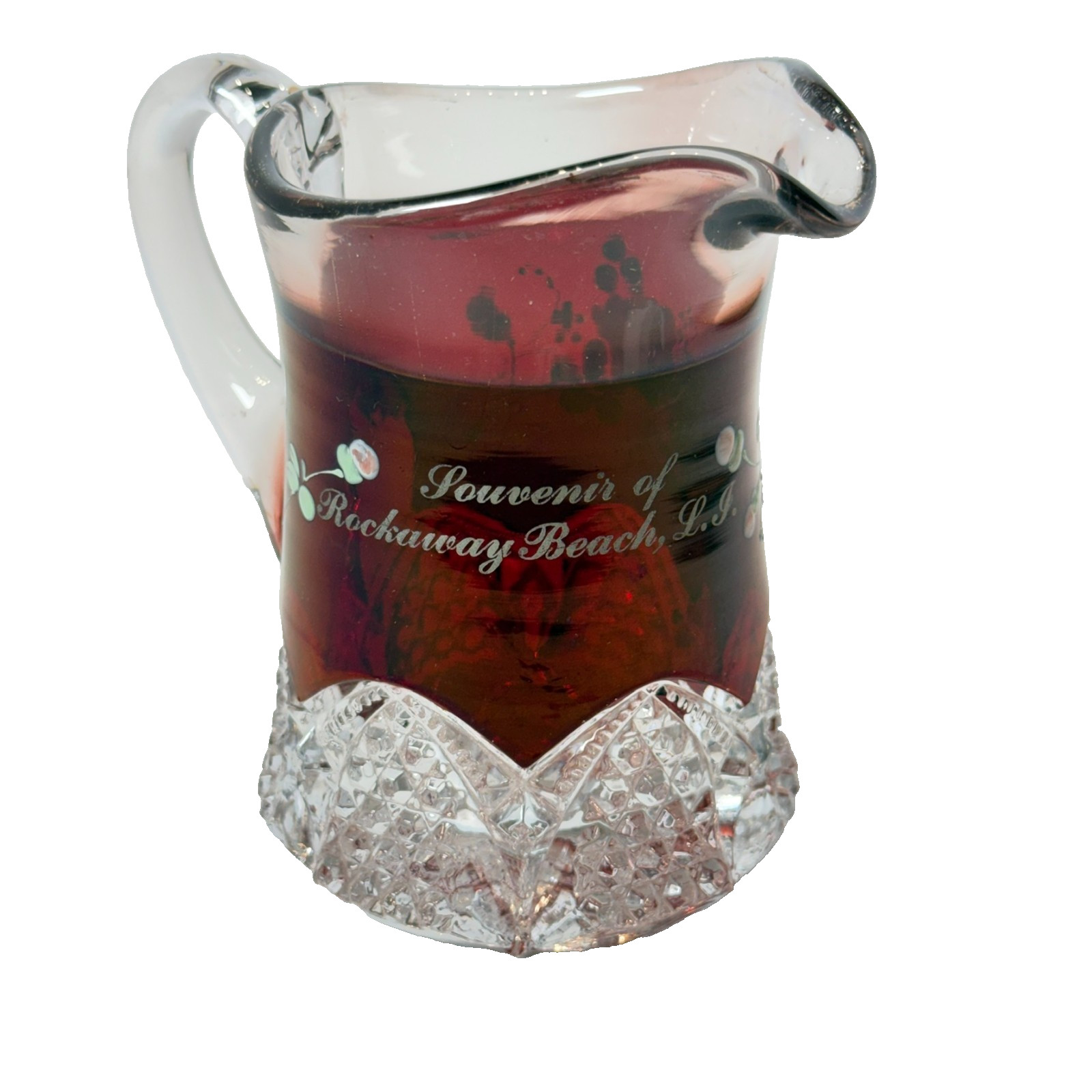 ROCKAWAY BEACH NY NEW YORK Ruby Red Flash Souvenir Glass TRINKET ANTIQUE CREAMER