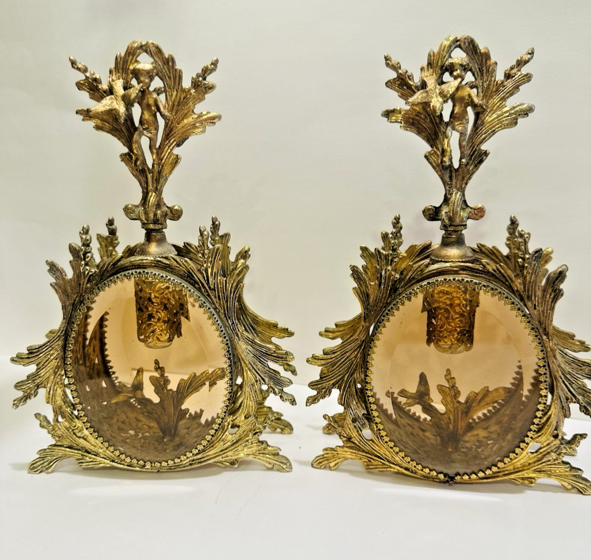 RARE Vintage GOLD CHERUB 2 Perfume Bottle AMBER GLASS VANITY Hollywood  