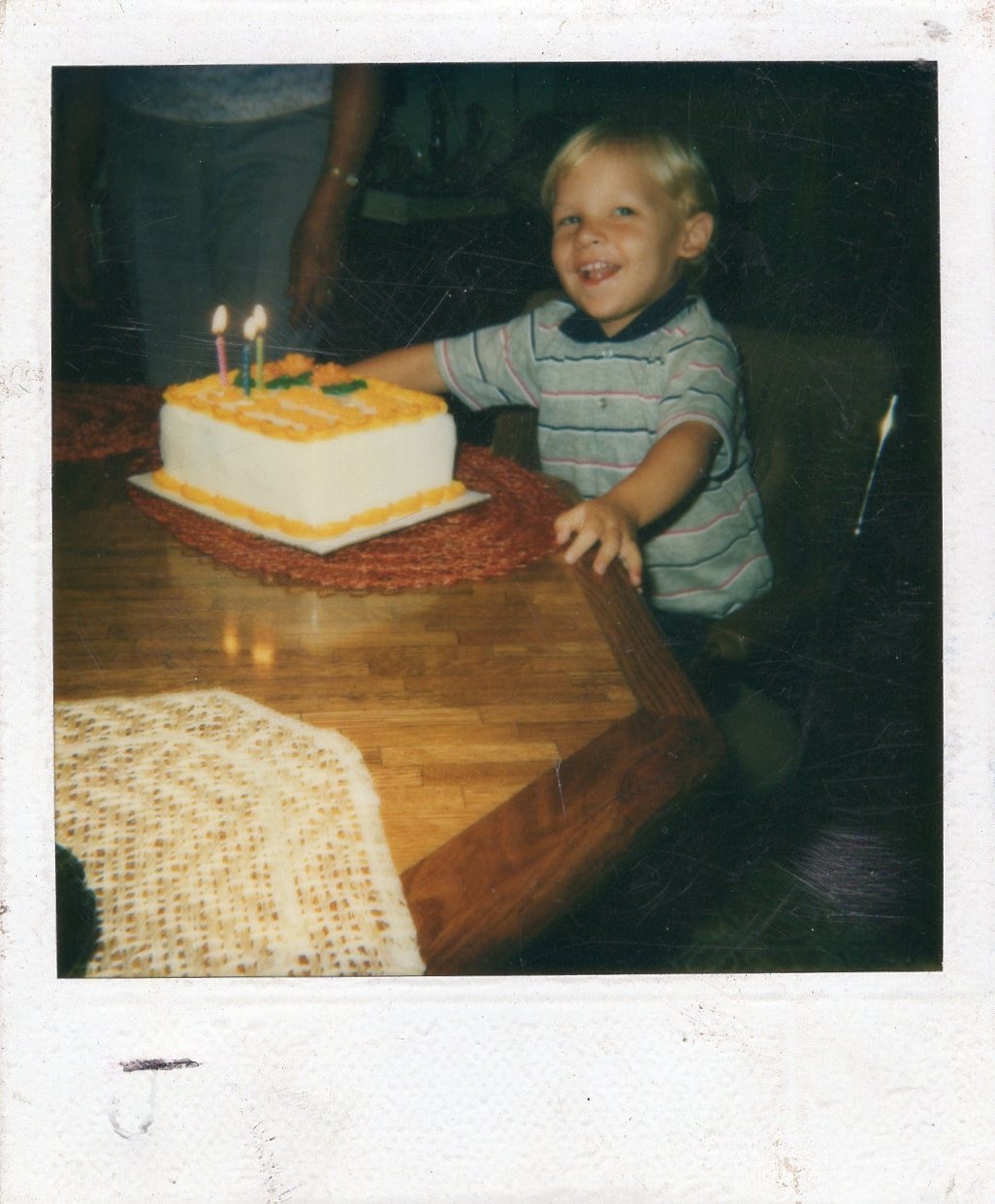 VINTAGE POLAROID PHOTO CUTE BLONDE BOY HAPPY BIRTHDAY CAKE PARTY CANDLES