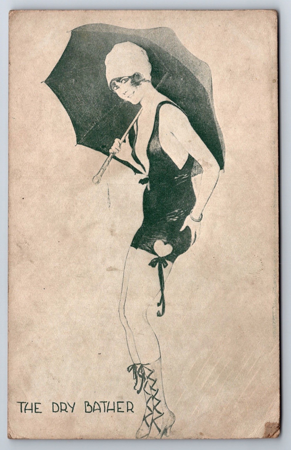1920s Arcade Exhibit Card The Dry Bather Flapper Woman Swimsuit Umbrella