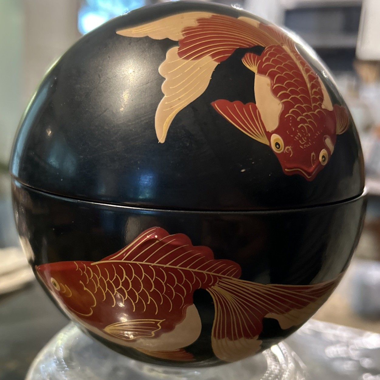 Vtg black Bembo Lacquerware Covered trinket Round ball Box Okinawa gold koi fish
