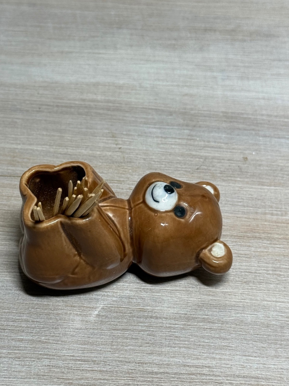 Vintage Brown Ceramic Teddy Bear Toothpick Holder Reclining Bear Figurine