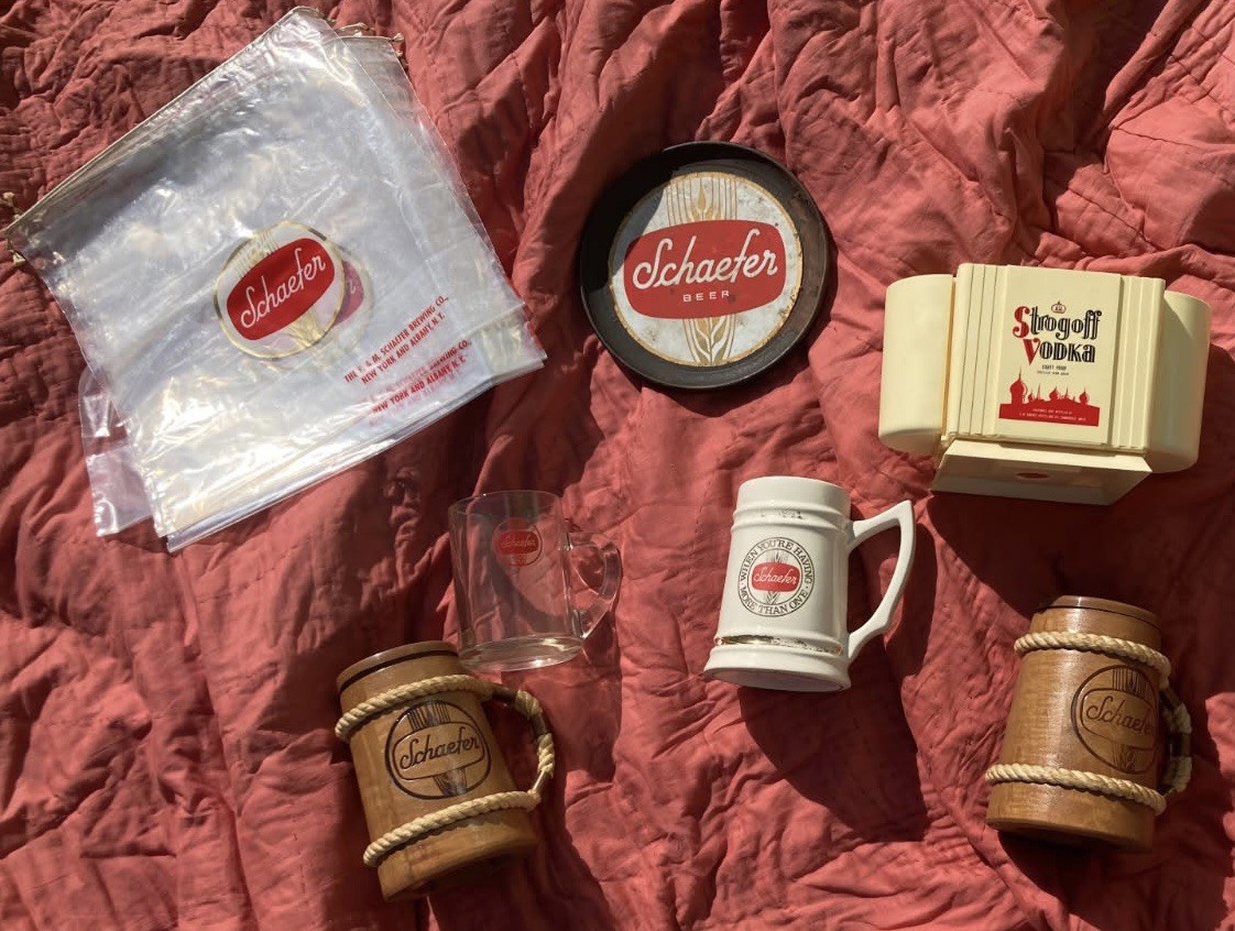 Vintage Schaefer Wooden glass Beer Mugs tray bags strogoff vodka