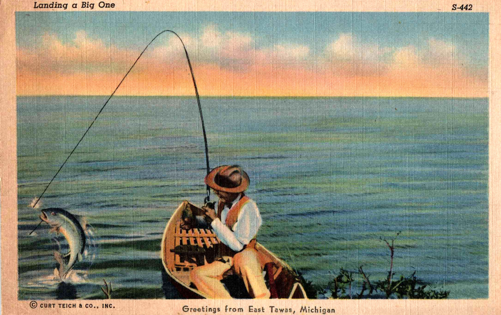 East Tawas, Michigan - Man Fishing in Lake at East Tawas - 1940s