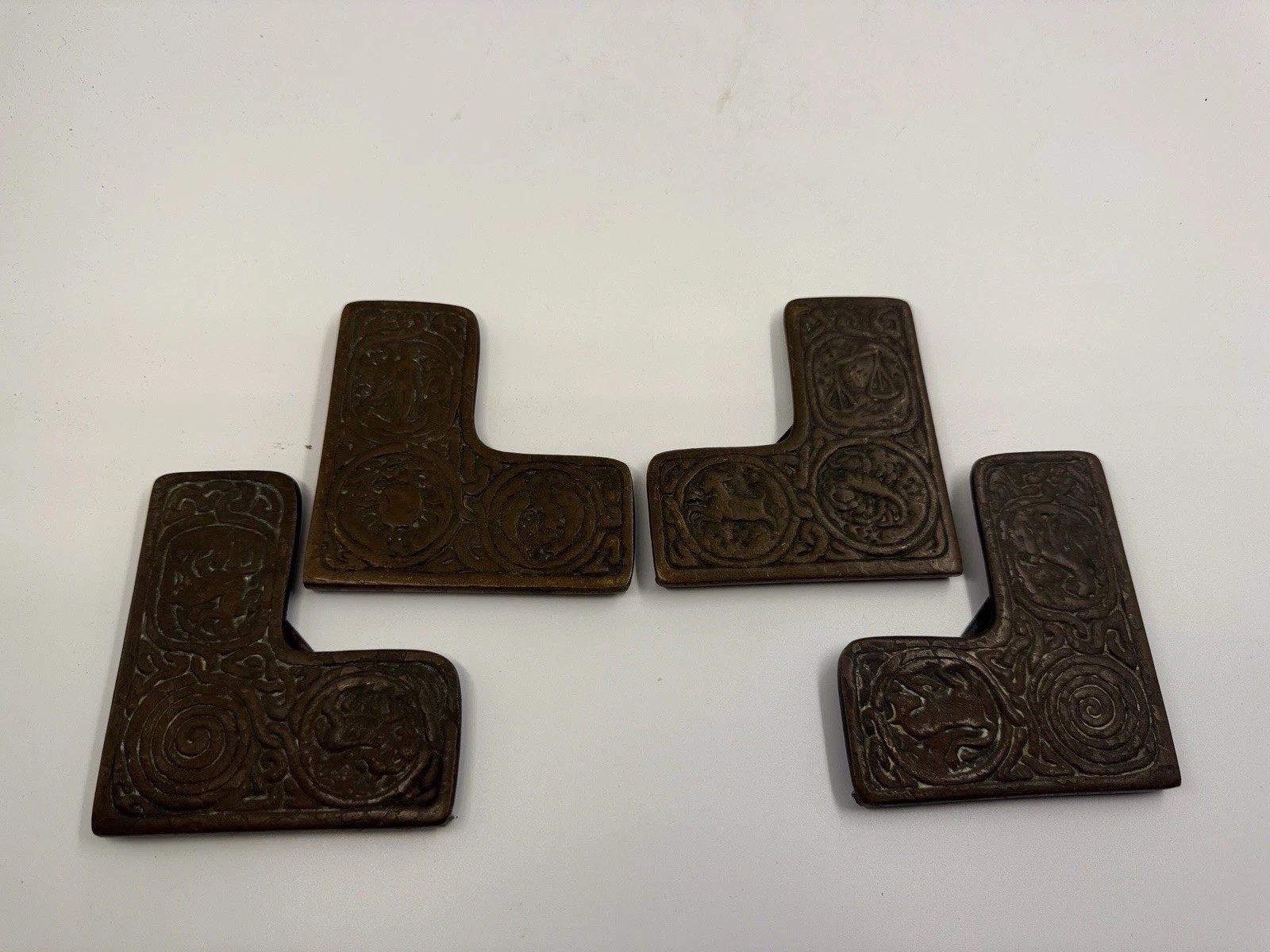 4 Antique Early 20c Tiffany Studios NY#996 ZODIAC Blotter Corners Brown Patina