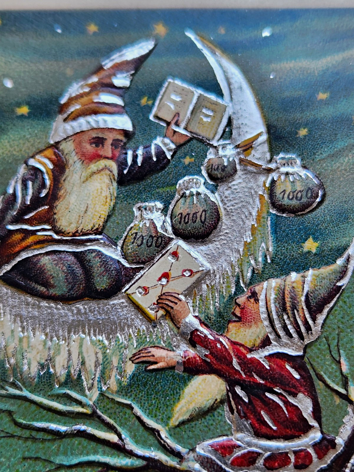 Embossed Happy New Year Gnomes Postcard, Multicolor Paper 5.5in Germany
