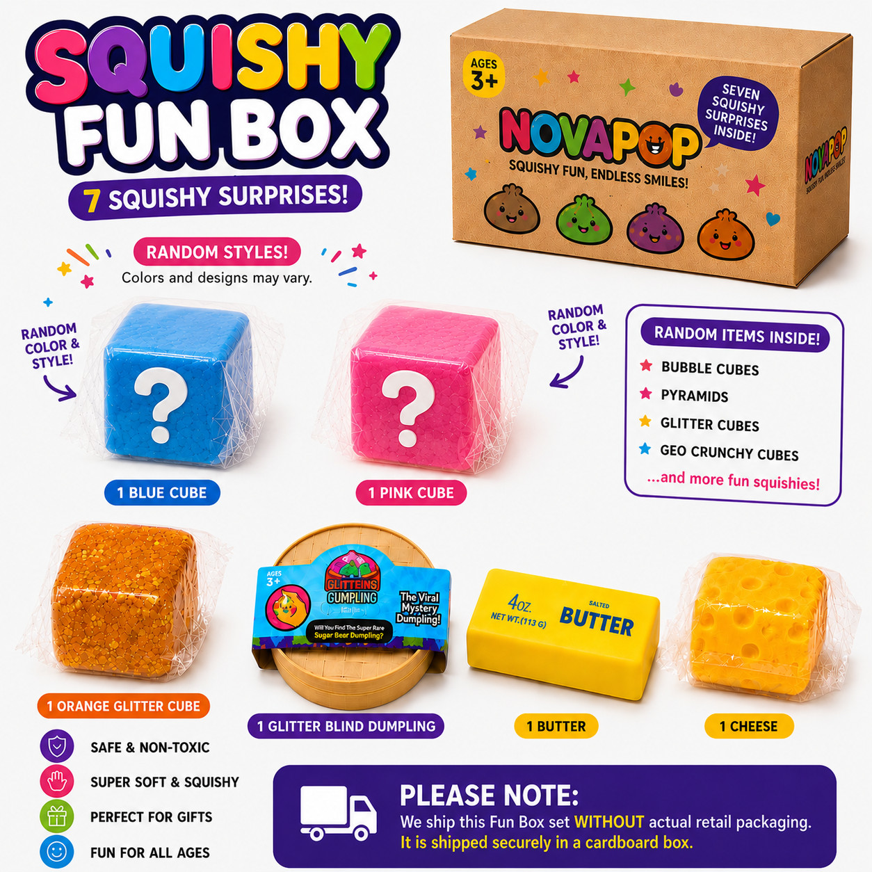 7 Piece Squishy Fun Box, Cute Sensory Toys, Stress Relief Fidget Set