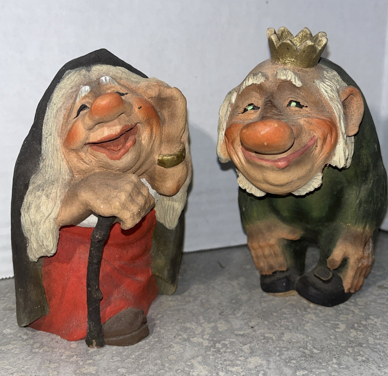 Vintage Set of 2 Green King Troll &Old Woman Hand Carved Wood HENNiNG Norway-859