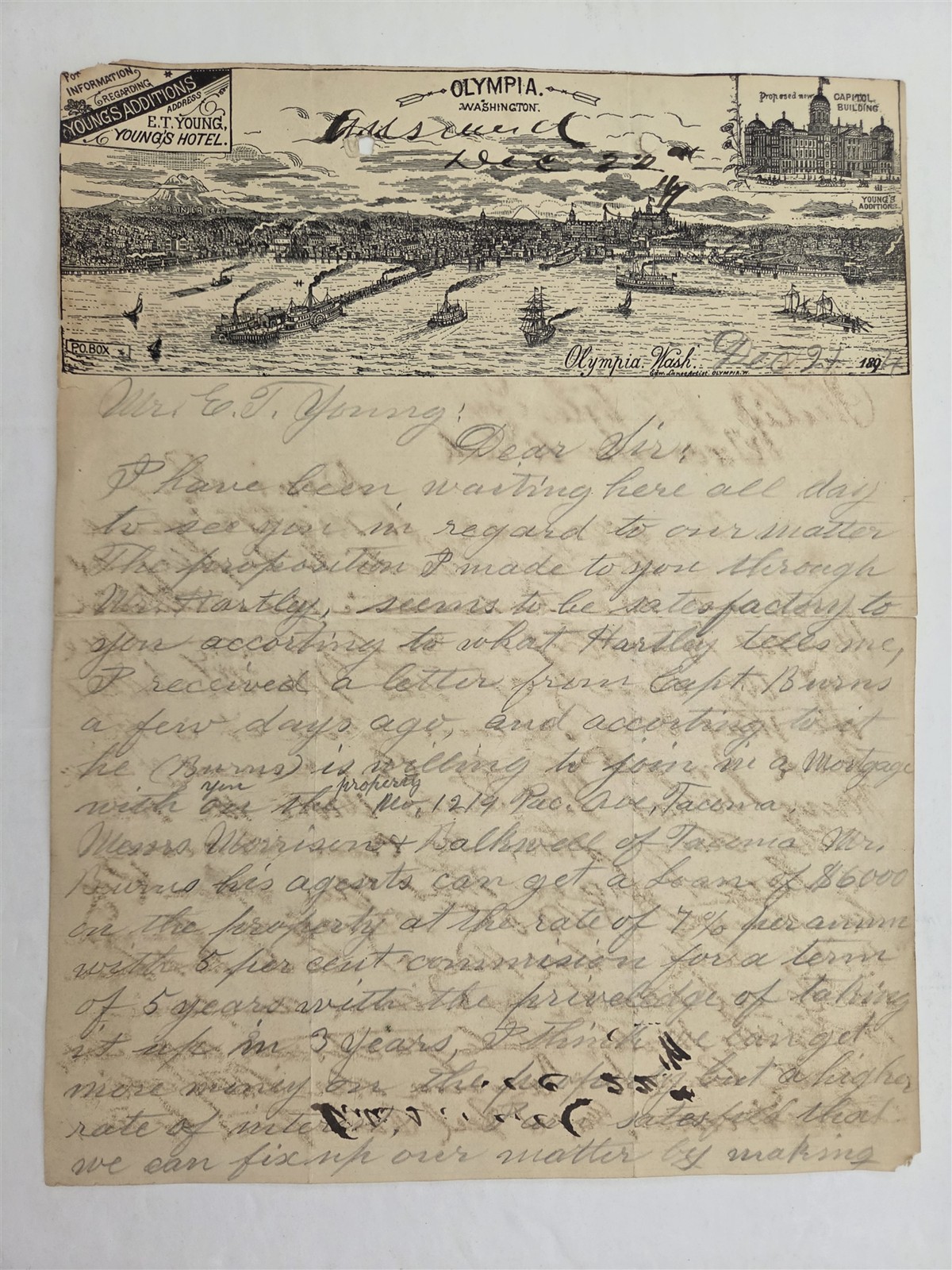 1891 antique OLYMPIA wa YOUNG'S HOTEL ADDITIONS mortgage TACOMA LETTERHEAD