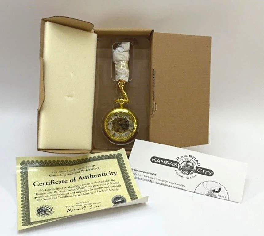 NIB- VTG Kansas City Railroad 150th Anniversary Gold Tone Skeleton Pocket Watch