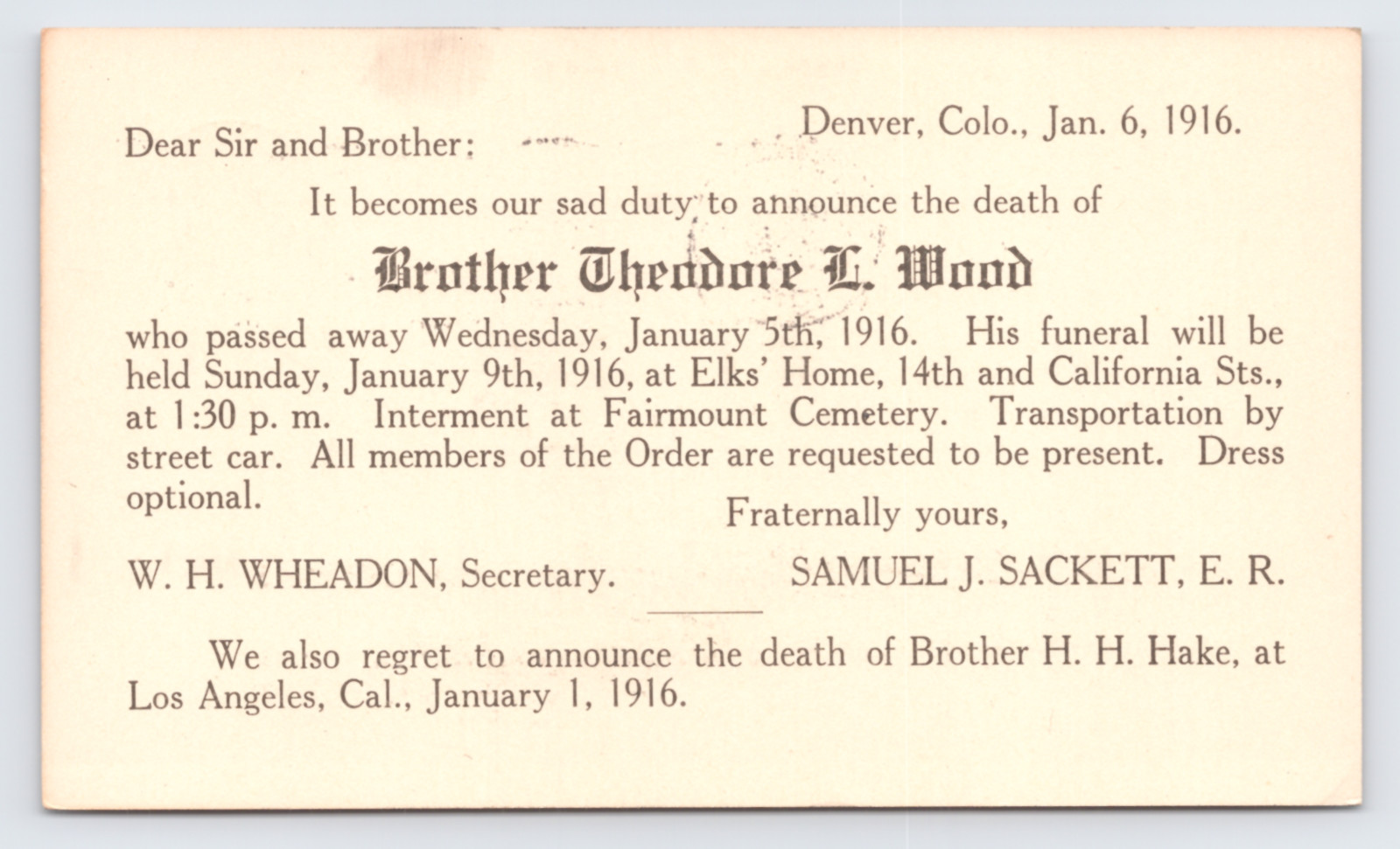 1916 Elks Lodge Postal Card Denver CO Theodore L Wood Funeral Fairmount Cemetery