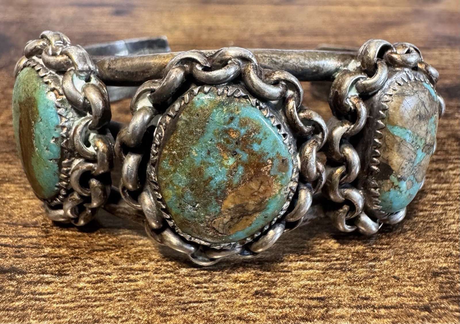 Coin Silver and Turquoise Cuff Bracelet - Early Vintage Southwestern - 1920s-40s
