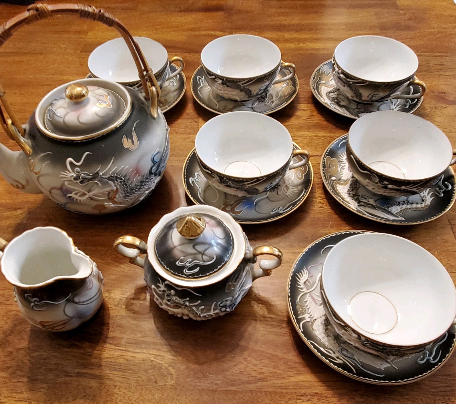 Vintage 15pc Dragonware NUDE Geisha Set Lithophane Cups&Saucers, Tea Pot, Sugar+