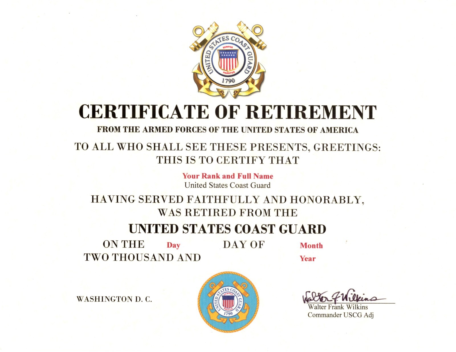 United States Coast Guard Retirement replacement certificate